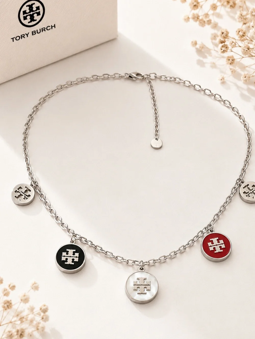 Tory Burch Silver-Tone Necklace with Red, Black & White Logo Discs